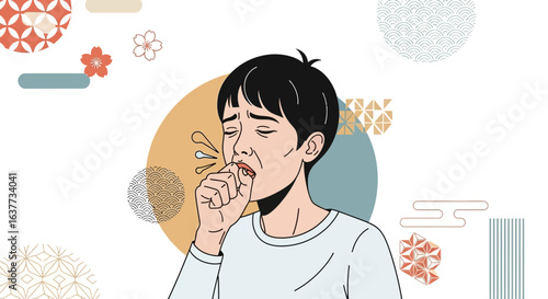 A person coughs, exhibiting symptoms of illness, against a stylized Asian-inspired background.
