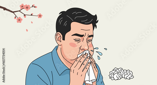 A man experiencing an allergic reaction, sneezing into a tissue, with a blooming branch.