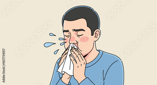 Man with a tissue, suffering from a runny nose and tears, showing illness.