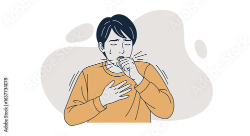 Man coughing, covering mouth, chest pain, illness, unwell, health.