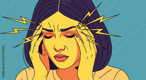 Illustration of a woman with a headache, holding her head with both hands, with lightning bolts emanating from her head.