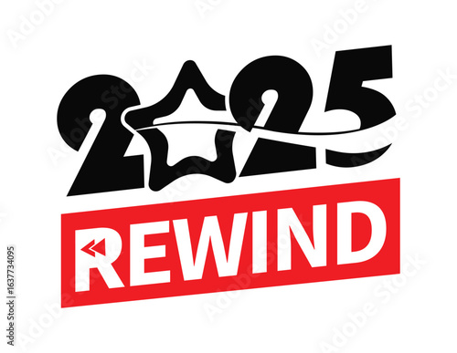 Minimalist graphic design with bold black "2025" above a red rectangle featuring white "REWIND" text and rewind arrows, on a clean white background. Modern, vibrant, and eye-catching.