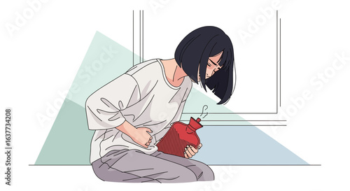A woman, experiencing abdominal discomfort, uses a hot water bottle for relief, indoors.