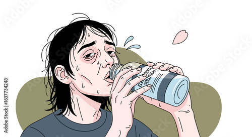 An illustration of a person drinking from a bottle, looking exhausted and sweating.