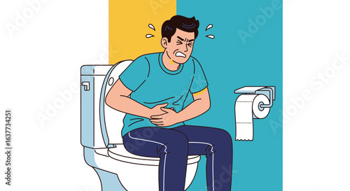 A man on the toilet, clutching his stomach in pain, experiencing digestive issues or illness.