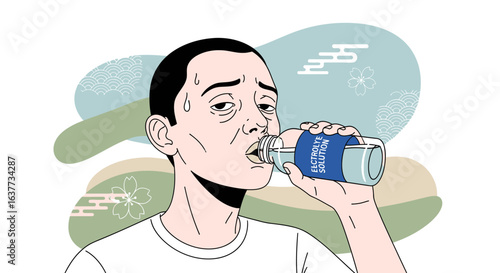 An illustrated man drinking from a bottle, looking tired, against a stylized background.