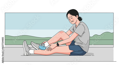 A woman sits on the ground, applying ice to her injured leg, appearing distressed.