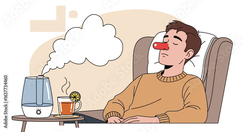 A man resting comfortably in a chair, using a humidifier and drinking tea to relieve congestion.