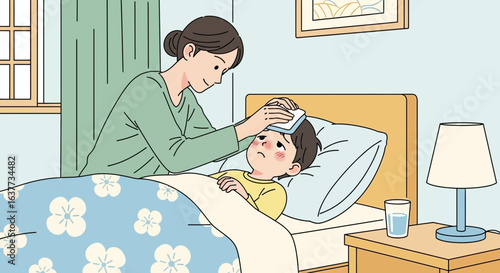 Mother tenderly cares for her sick child, applying a cool compress to his forehead.