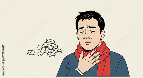 A man with a sore throat, feeling unwell, next to a pile of pills.