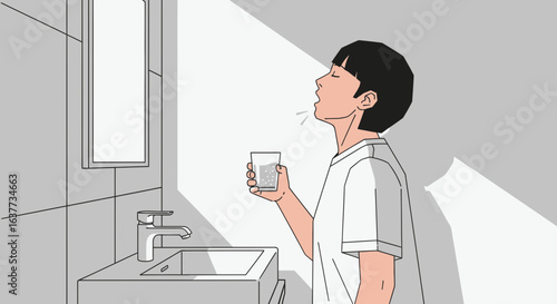 A stylized illustration of a person rinsing their mouth with water in a bathroom.