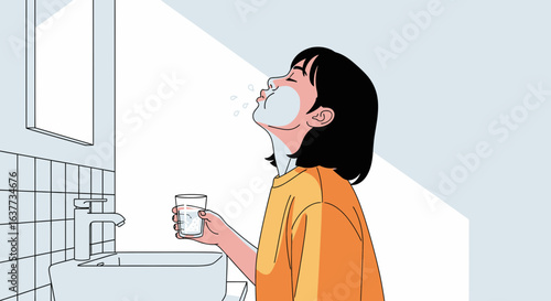 Young woman rinsing her mouth with water in a minimalist bathroom.