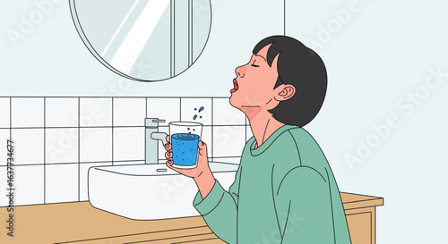 A young person gargling with mouthwash in a bathroom, near a sink and mirror.