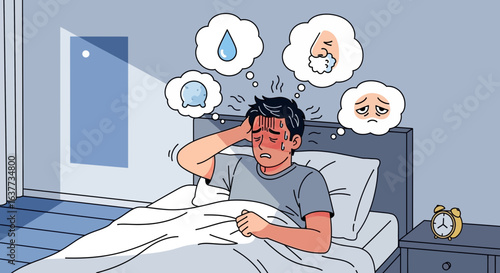 An ill man in bed, holding his head, with thought bubbles showing symptoms of sickness, like fever, chills, and sadness.