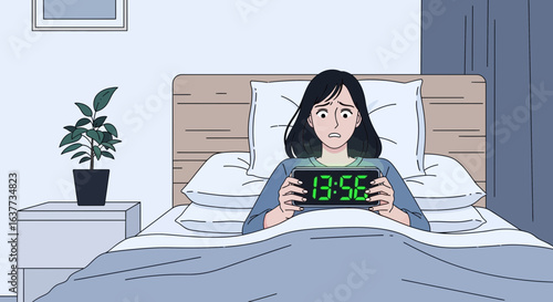 A woman in bed, looking at a digital clock with a worried expression.