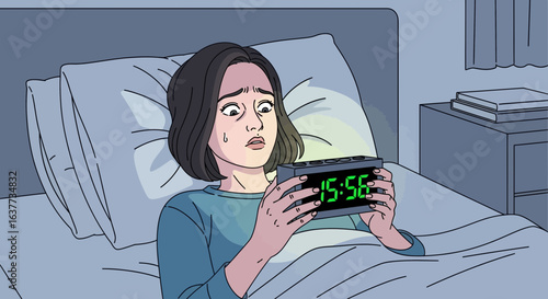 Anxious woman in bed staring at a digital alarm clock displaying the time 15:56, with a worried expression.