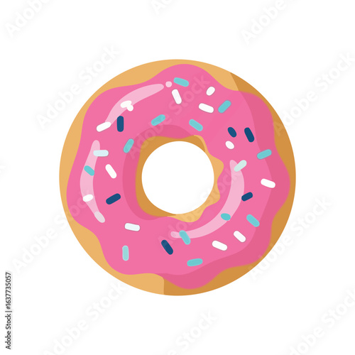 (Pink Frosted Donut with Sprinkles. A delightful confectionery pastry featuring rosy icing and vibrant candy decorations. Symbolizes sugary indulgence and happy moments.)
