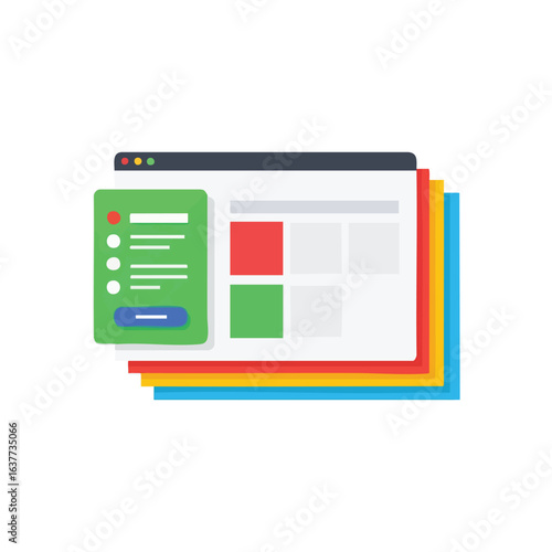 (Digital Interface Design Layers. Sleek graphic depicts a user experience layout with interactive components and content areas. Symbolizes modern software creation.)