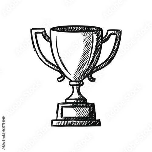 (Hand Drawn Success Trophy Emblem. A sketched white award cup on a dark background, representing triumph and ultimate accomplishment in competition or business.)