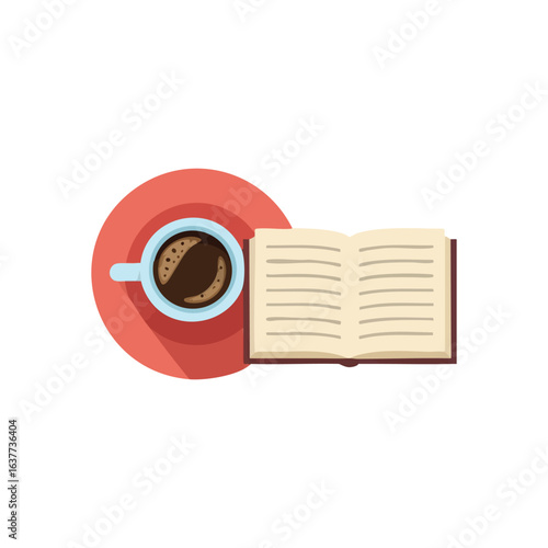 (Coffee and Reading Time Flat Design. Overhead view of a comforting hot drink alongside an open novel. Symbolizes personal quiet moments, focus, relaxation.)