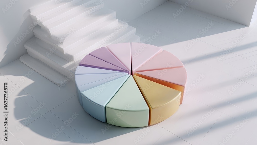 Fototapeta premium Pastel-colored pie chart on white floor with stairs