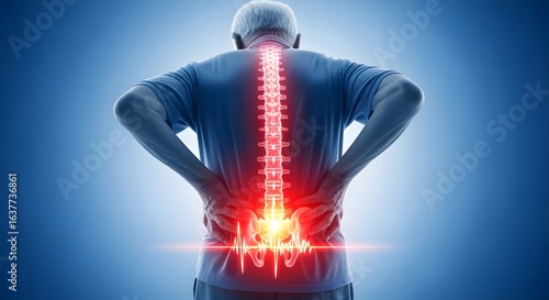 Man Back Pain with Spine Graphic on Blue Background