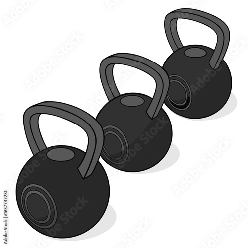 Kettlebell Trio: A captivating collection of three kettlebells aligned in perfect precision. Illustrating their smooth, round forms, these weighty instruments symbolize the focus of fitness, exercise.