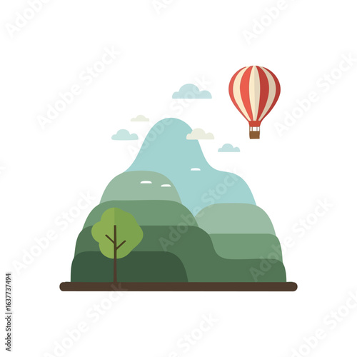 (Hot Air Balloon Over Green Peaks. An inviting illustration depicting a vibrant zeppelin soaring above tranquil elevated terrain. This minimalist graphic evokes feelings of discovery and serene.)