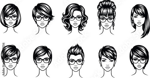 Stylish hairstyle collection, trendy haircuts illustration, elegant updos, modern bobs, classic curls, beauty fashion design, hair trends, Adobe Stock image