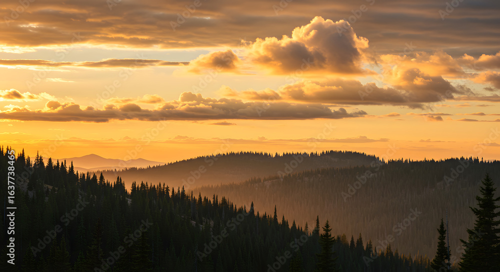 Obraz premium Golden hour illumination over tranquil wooded landscape and majestic mountains