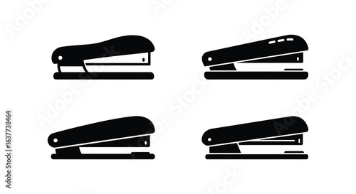 Set of Black Stapler Icons for Office Supplies and Stationery Needs