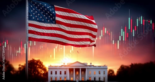 Silhouette of the White House at Dusk with USA Symbols and Stock Market Chart Overlay — Politics, Economy, and Investment Theme