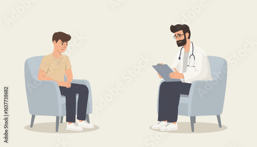 vector illustration of a young man consulting a specialist doctor for illness