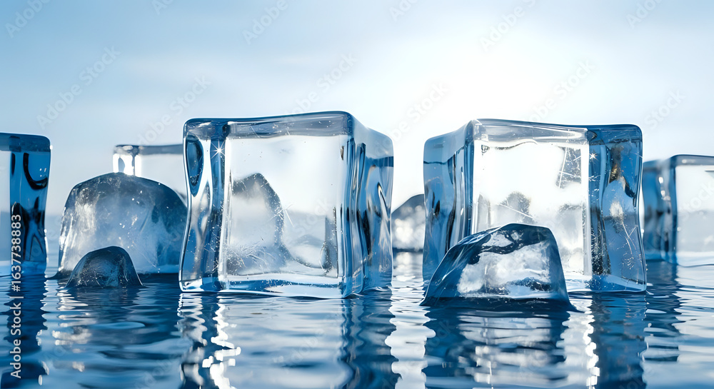 © Itshamza - Crystal clear ice cubes floating on shimmering water creating a refreshing cool aesthetic