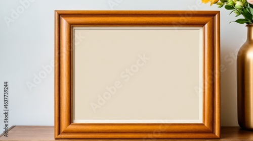 A wooden frame with a white background sits on a table