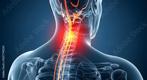 Anatomical Neck Illustration Showing Spinal Nerves and Pain Points on Blue Background