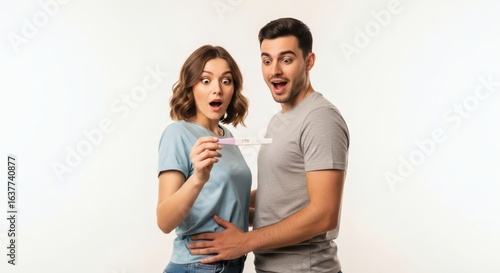 A shocked funny couple reacts to a positive pregnancy test result, experiencing a surprising moment together on a white background.