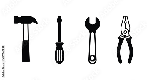 Simple Black and White Vector Illustration of Common Hand Tools Set