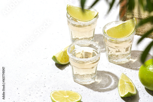 Refreshing tequila shots served with lime wedges on a light surface, showcasing vibrant colors and inviting atmosphere for social gatherings and celebrations