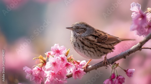 Songbird Perched on Cherry Blossom Branch: Springtime Wildlife Photography in Soft Focus with Pink Flowers