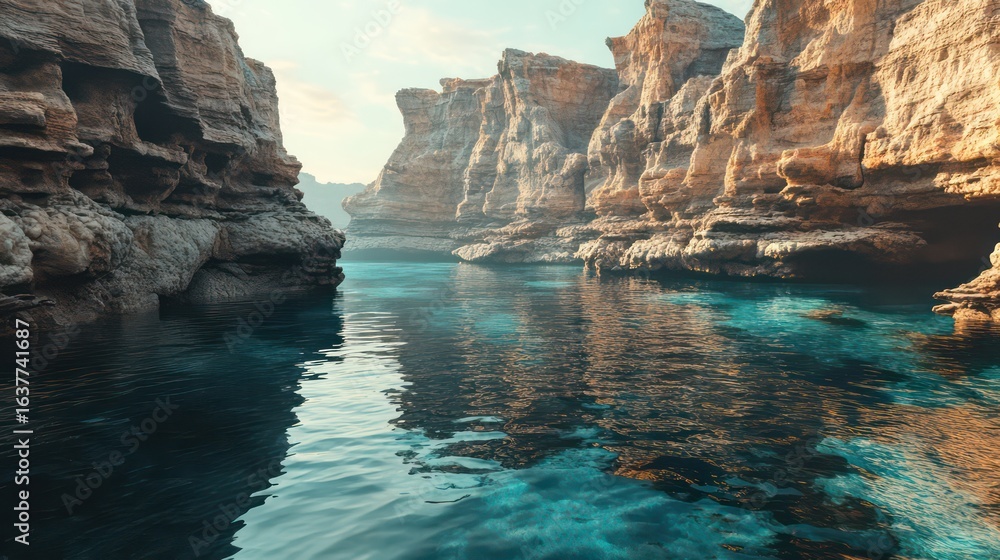 Naklejka premium Coral cliffs with clear water, sandy floor, and soft morning sunlight.