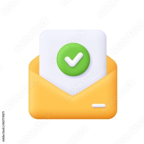 Yellow envelope with document and green check mark symbol. Message approval, email verification, communication, notification concept. 3d vector icon. Cartoon minimal style.