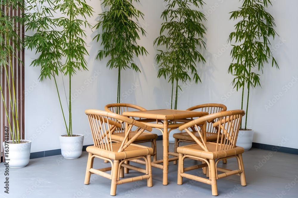 Fototapeta premium Bamboo table and chairs, bambbo trees background
