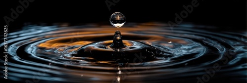 A water droplet impacting a dark surface, creating ripples and a circular pattern