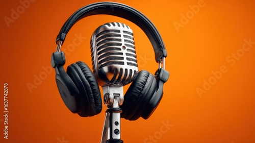 Vintage Microphone and Headphones on a Vibrant Orange Background: Capturing Audio Excellence and Retro Aesthetic
