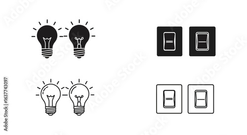 Light Bulb and Light Switch Icon Set On and Off States