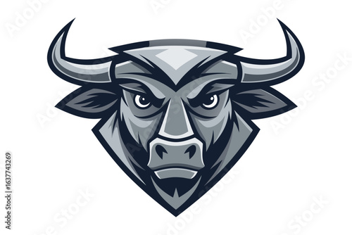 A majestic grey bull head fiercely stares forward, displaying powerful horns and confident eyes