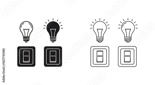 Light Bulb and Switch Icons in Solid and Outline Style for Design Projects