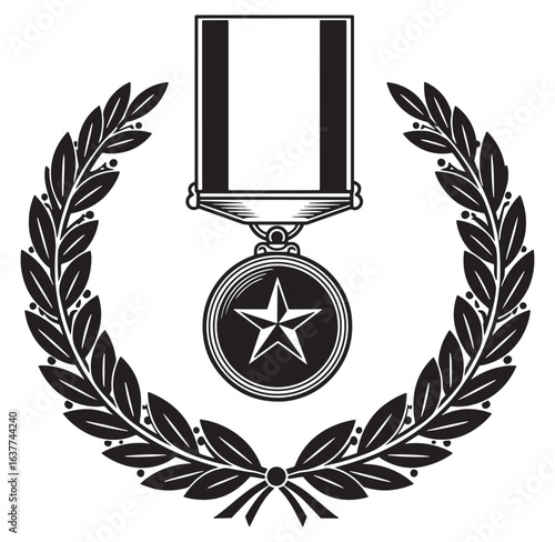 A classic black and white award medal surrounded by a laurel wreath design