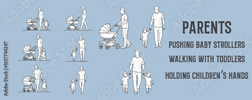 Architectural Drawings parents pushing baby strollers, walking with toddlers, or holding children’s hands illustration, side view, human person Minimal style hand drawn.